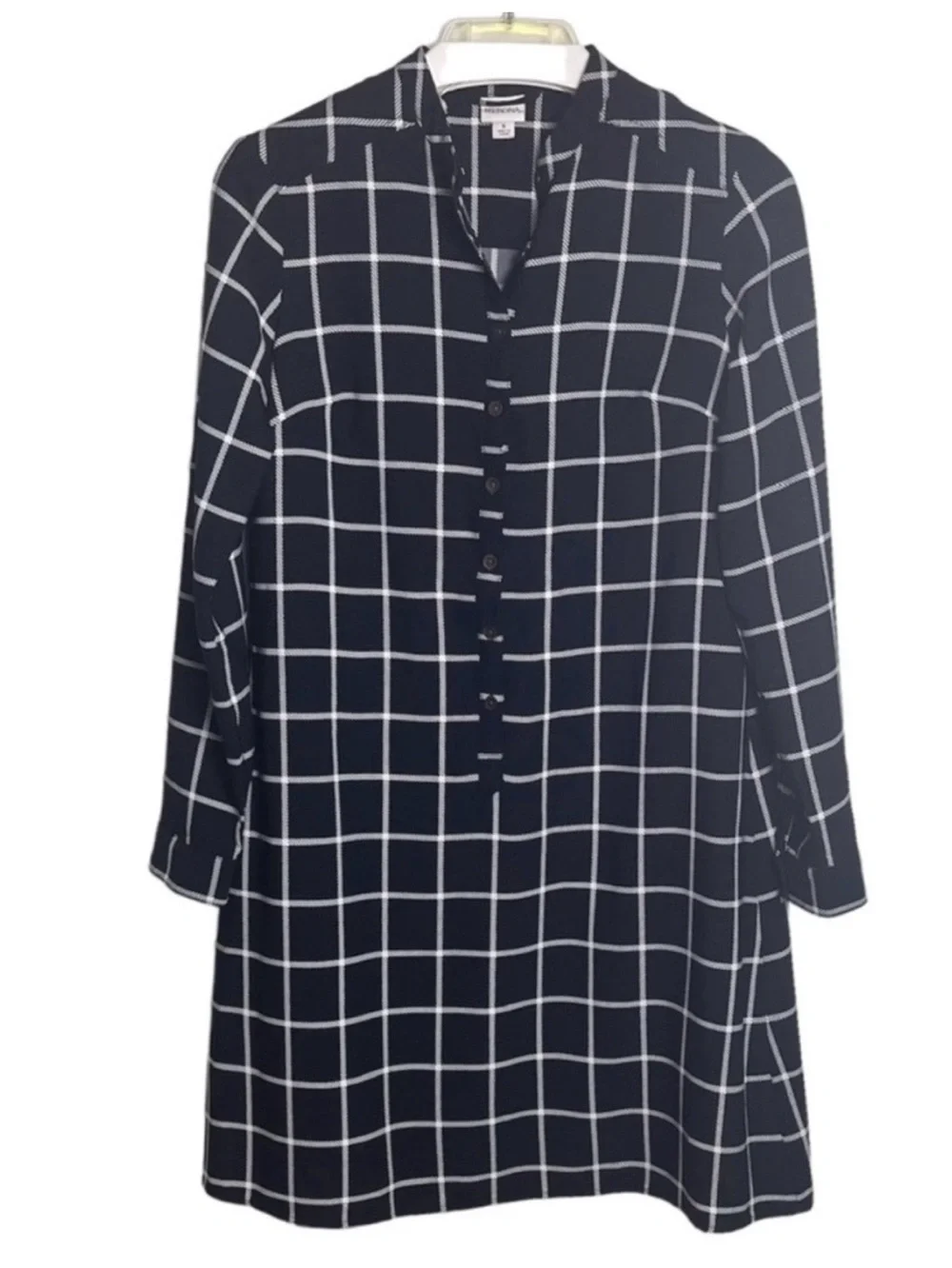 MERONA Black & White Grid Check Button Shirt Dress Tunic Small 100% Polyester